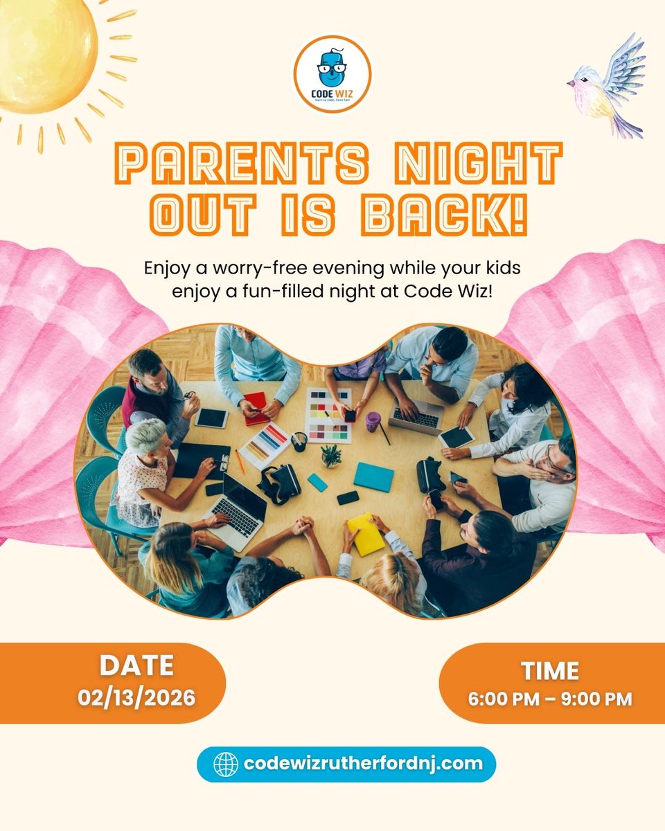 codewizruth2023's tweet photo. Parents Night Out is back! 🎉💻
Enjoy a worry-free evening while your kids have a fun-filled night of games, creativity, and coding at Code Wiz Rutherford NJ.
📅 Feb 13, 2026 | ⏰ 6:00–9:00 PM
Spots are limited—don’t miss out!

#ParentsNightOut #KidsNightOut #CodeWiz https://t.co/l1kxK5XSqK