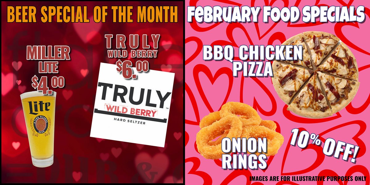 Flahertysbowl's tweet photo. Love is in the air this February at Flaherty's Arden Bowl!  

 Beer: Miller Lite $4 or Truly Wild Berry $6.  

Food: Shareable BBQ Chicken Pizza + 10% off Onion Rings .  

Come for strikes, sparks &amp; sweet bites with your sweetheart or crew this Valentine's season! https://t.co/TvVP638WNn