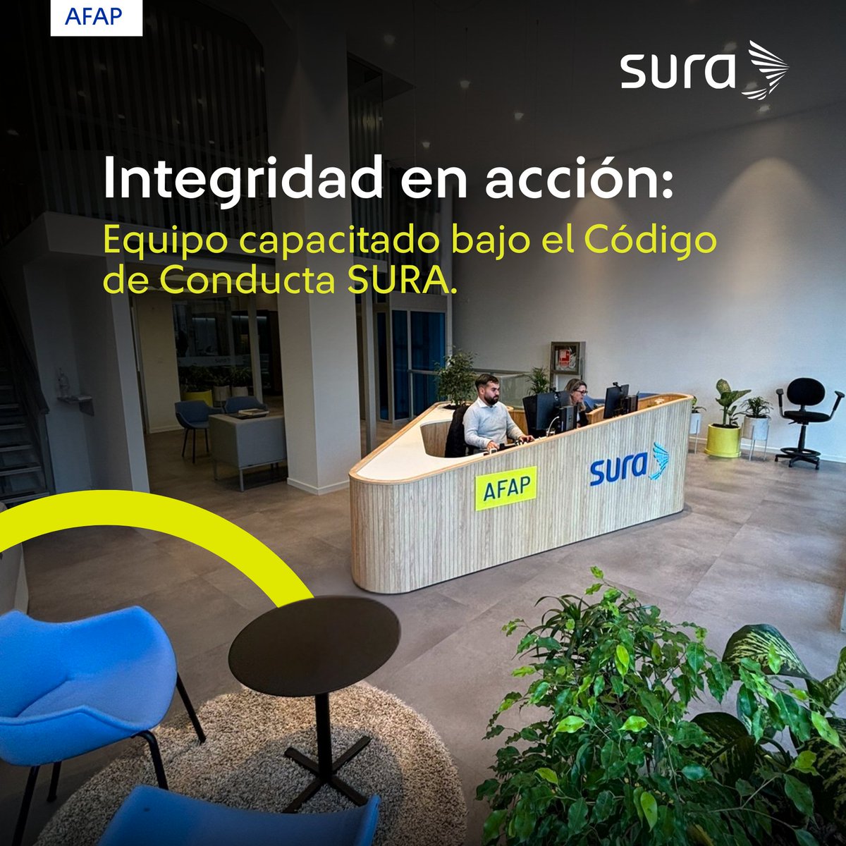 El 100% de nuestros colaboradores está capacitado en el Código de Conducta de <a href="/GRUPOSURA/">Grupo SURA</a>.

Actuamos con lineamientos éticos que fortalecen la transparencia, la coherencia y la confianza en cada decisión.🔐📘

#DondeQuerésEstar 🌟 #AFAPSURA