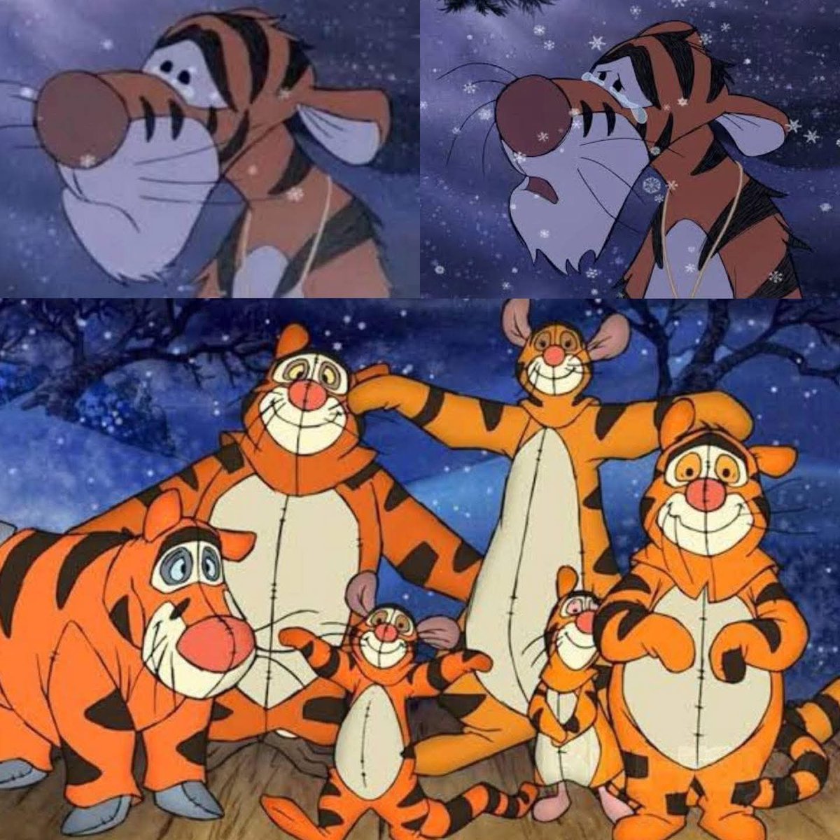 oldtoons_'s tweet image. When Pooh, Piglet, Rabbit, Roo, Eeyore and Owl disguised themselves as Tiggers because Tigger could never find his family.