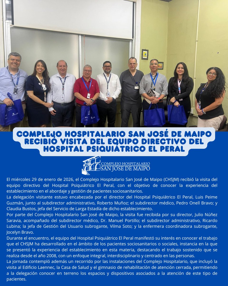 🤝 El Complejo Hospitalario San José de Maipo recibió la visita del equipo directivo del Hospital Psiquiátrico El Peral, quienes conocieron la experiencia del establecimiento en el abordaje y gestión de pacientes sociosanitarios.