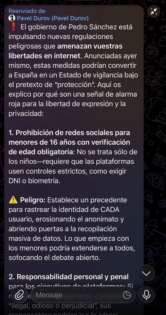 kike_moris's tweet image. 🚨 Telegram acaba de enviar esto a todos sus usuarios de España.

El mundo empieza a tener calado a Pedro Sánchez.