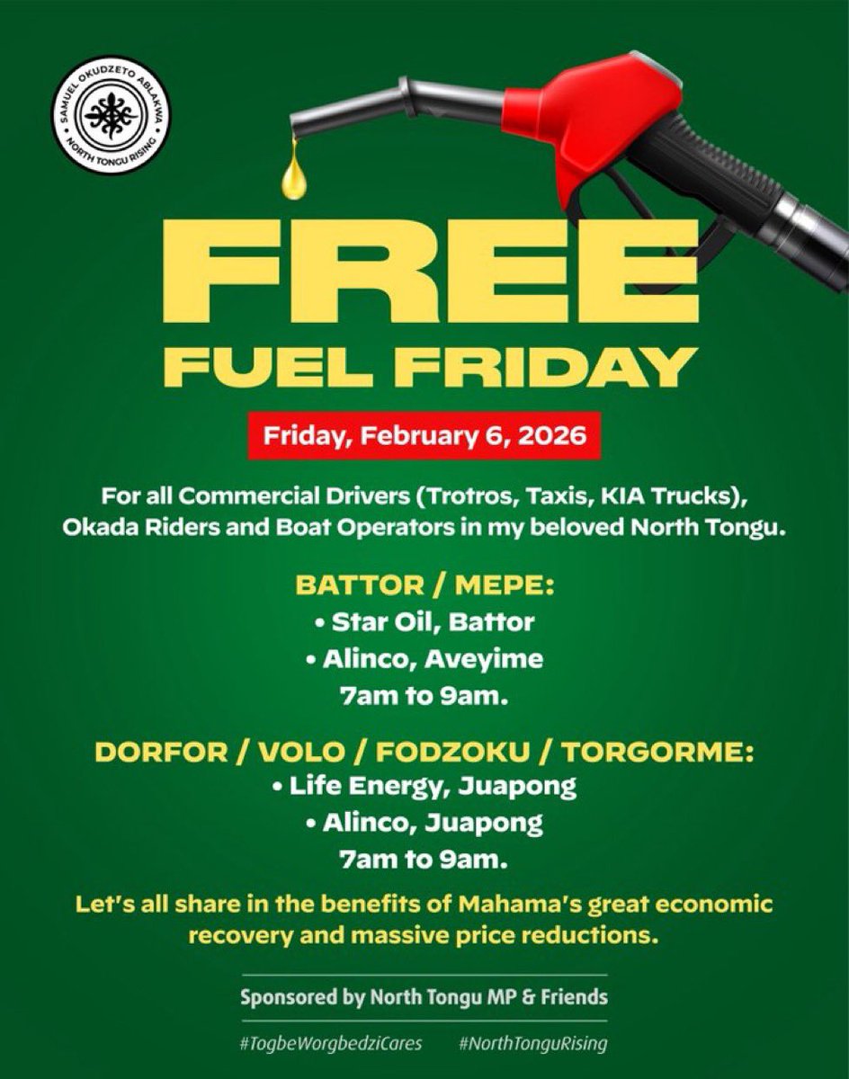 globalfact001's tweet photo. JUST IN: Minister of Foreign Affairs and Member of Parliament for the North Tongu Constituency, Hon. Okudzeto Ablakwa, has announced that on Friday, February 6, 2026, he will provide free fuel to commercial drivers, Okada riders, and boat operators in his constituency from 7 AM to 9 AM at the fuel stations listed in his statement.