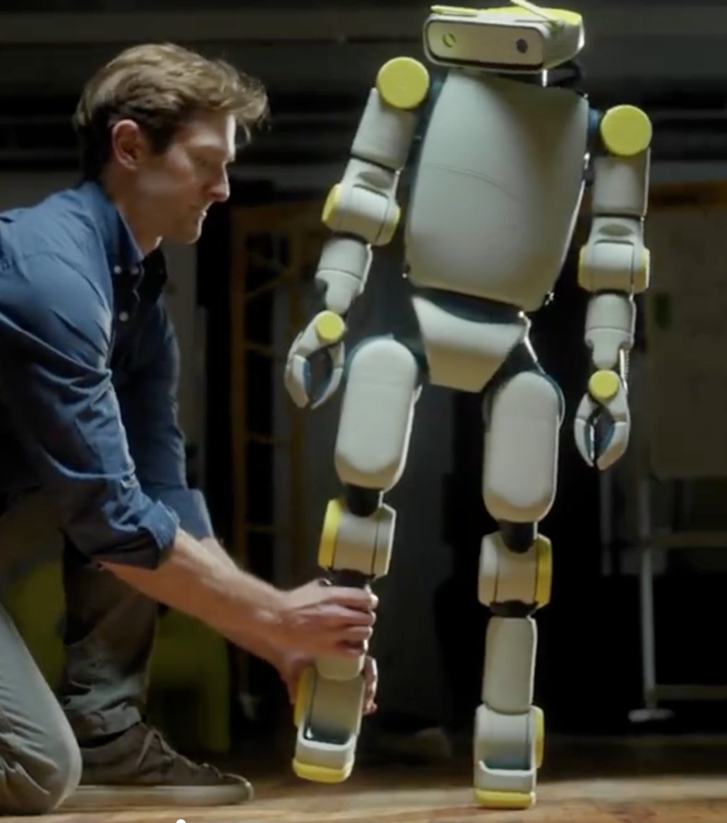 carlosdponx's tweet photo. My favorite part of the Sprout launch video is when he demonstrates soft compliance of the robot by lifting his little leg.

Tells me they're perhaps the first ones to implement soft compliance in a humanoid product, similar to FACET, SoftMimic, etc.

Overall, the policies demonstrated, even though the behavior was basic, impressed me even more than the robot (though it is a very cuddly robot)