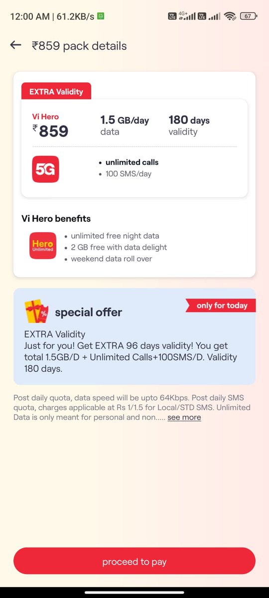 Suvadip2592's tweet photo. @ViCustomerCare this is unacceptable.
Your app clearly shows the ₹859 Vi Hero plan with 1.5GB/day and 180 days validity (with extra benefits).
But when I recharged earlier, you only gave me 84 days.
If the actual validity is 84 days, why does your app display 180 days? https://t.co/lI32sVvUUv