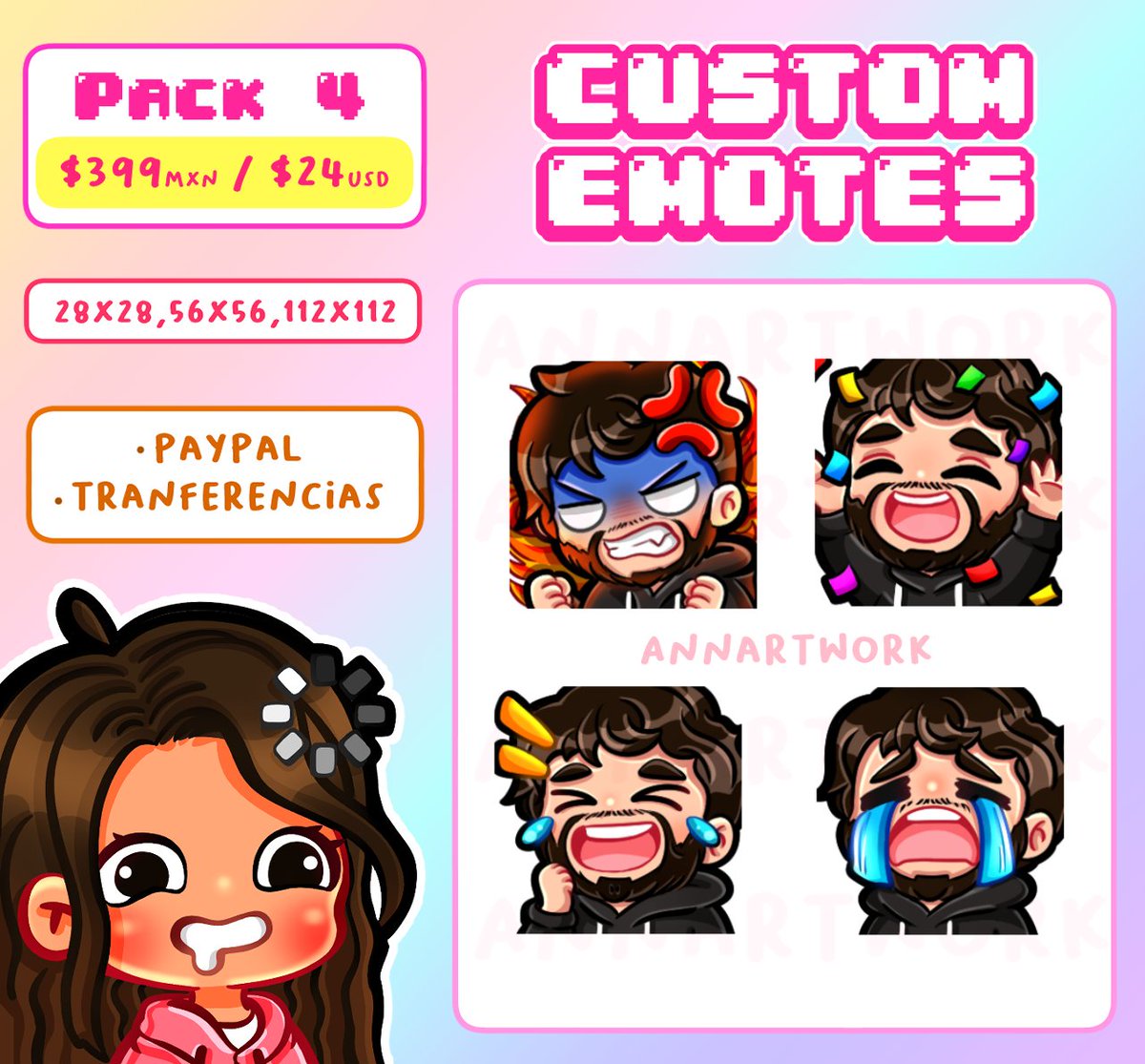 annartwork_'s tweet photo. 🎮 PACK DE 4 EMOTES PERSONALIZADOS

Incluye:
🎨 4 emotes estilo cartoon/chibi
✅ Tamaños 28x28 / 56x56 / 112x112
✅ Listos para Twitch / Discord

🌸 $399 MXN / $24 USD
(Tiempo limitado)

 1 ronda de cambios incluida

#twitchstreamer #twitchemotes #emotes #vtuber #emote https://t.co/ui3HyzBy1o