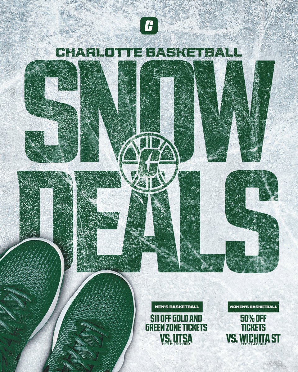 Charlotte got historic snow last weekend… now it’s snowing historic deals at Halton Arena ❄️🏀

❄️ <a href="/CharlotteMBB/">Charlotte Men’s Basketball</a>: $11 OFF Gold &amp; Green Zone tickets for 11 inches of snow vs. UTSA (Feb. 15)

❄️ <a href="/CharlotteWBB/">Charlotte Women's Basketball</a>: 50% OFF for Alumni Day as we celebrate 50 seasons of Charlotte Women’s