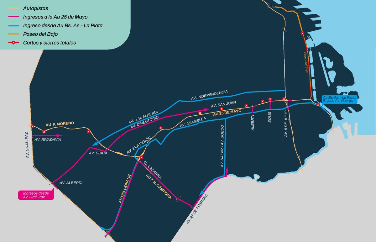 ℹ️ Este sábado, de 6 a 15 h, estarán cerradas las autopistas 25 de Mayo y Perito Moreno, en ambos sentidos, por la instalación de un pórtico Free Flow (altura Varela).

➡️La AU Dellepiane seguirá habilitada entre Av. General Paz / Riccheri y Av. Lacarra.

Conocé los desvíos: