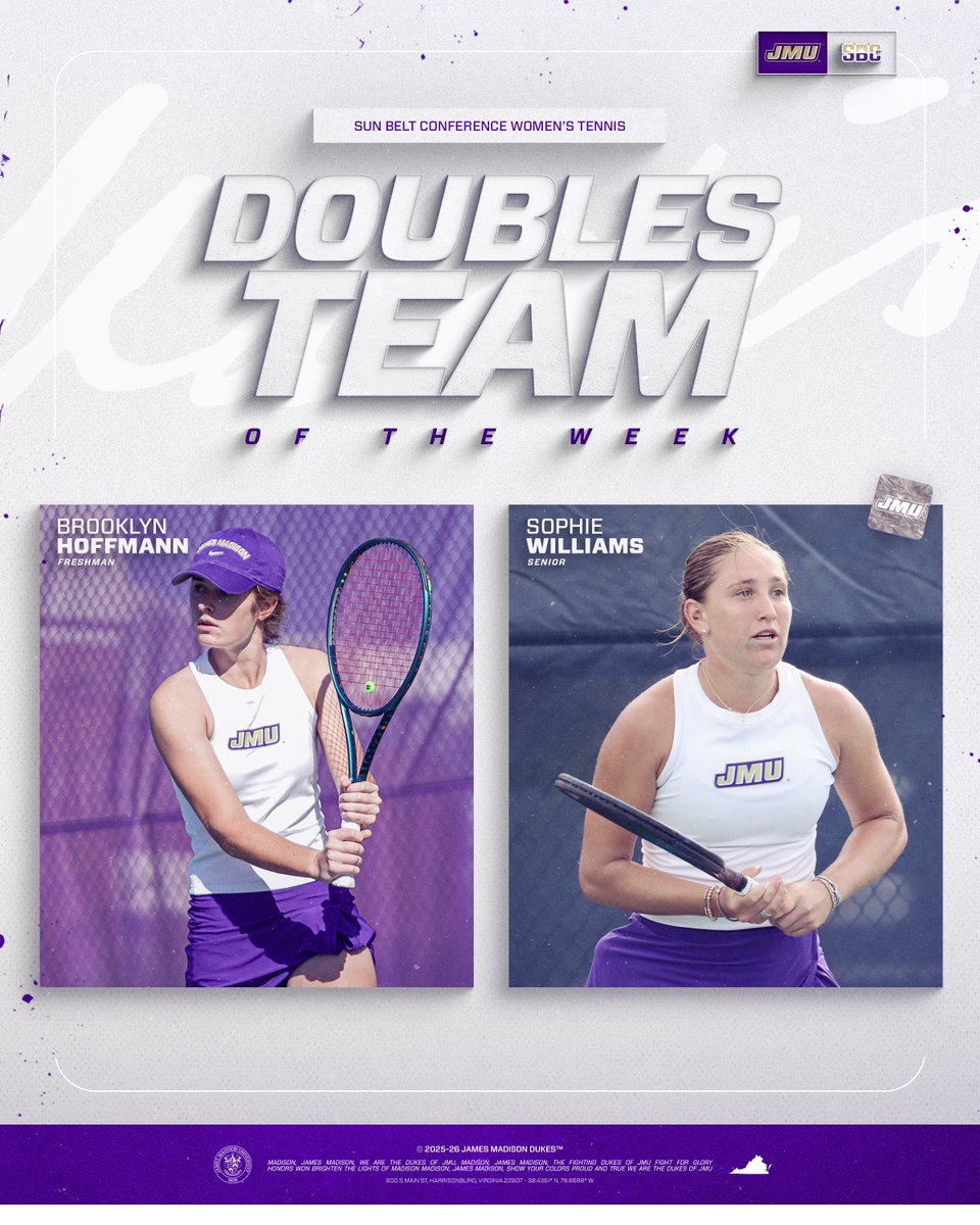 JMUWTennis's tweet photo. Top Doubles Tandem❗️

Brooklyn and Sophie take home JMU's first Sun Belt Doubles Team of the Week honor after a pair of signature wins over Kentucky and Duke.

#GoDukes https://t.co/uCzAZjZmRR