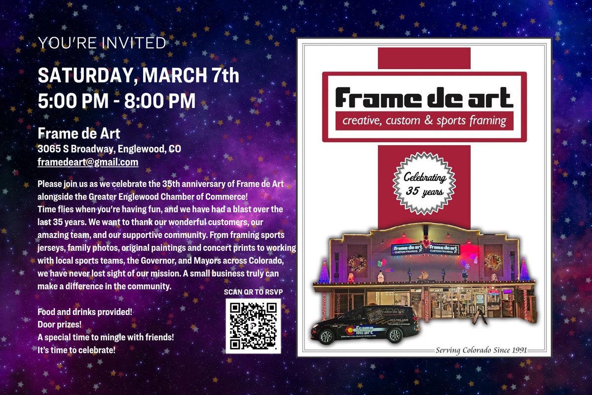 FrameDeArt's tweet image. Join us as we celebrate our 35th Store Anniversary!  Saturday March 7th, 5-8pm!  A time to thank so many who have made this possible!  shorturl.at/T1EFs

#35thAnniversary #Anniversary #BestFraming #BestofDenver #customframing

@TruVueGlazing