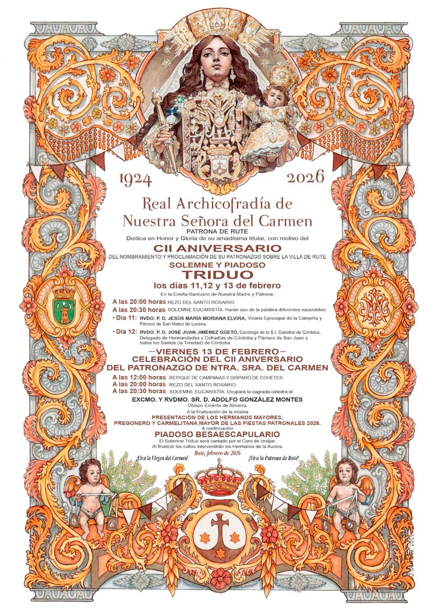 CONVOCATORIA DE CULTOS CONMEMORATIVOS DEL CII ANIVERSARIO DEL NOMBRAMIENTO Y PROCLAMACIÓN DE NTRA. SRA. DEL CARMEN COMO PATRONA DE RUTE