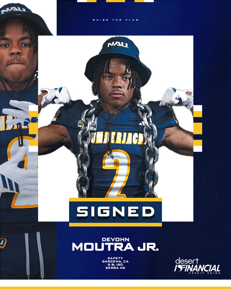 NAU_Football's tweet image. A three-star safety from Cali is calling Flagstaff home.

Welcome to the family, @devohnmoutrajr.

#RaiseTheFlag | #BigSkyFB