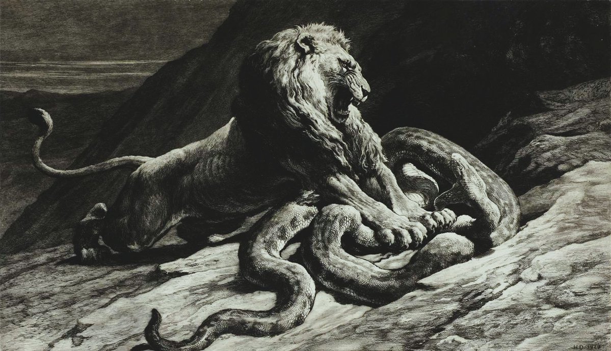 yumcarton's tweet image. Victory (Lion Attacking a Large Python).
Herbert Thomas Dicksee, 1919