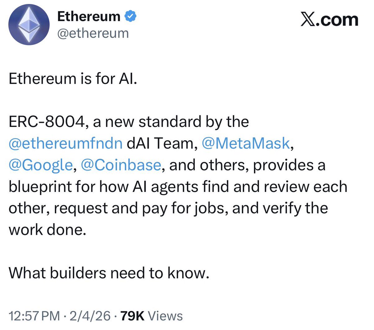 3orovik's tweet photo. ETH just announced a major AI game changer

ERC-8004 is SUPER BULLISH for ETH

ETH at $10,000 feels cheap now https://t.co/XhPL8HTQff