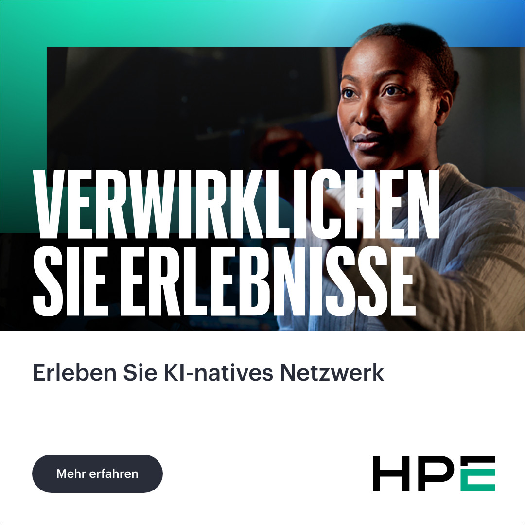 HPE's tweet photo. Transformieren Sie Ihr Netzwerk mit sicheren, KI-nativen Prozessen und prädiktiven Einblicken. Starten Sie den Weg zu einem autonomen Netzwerk mit KI.