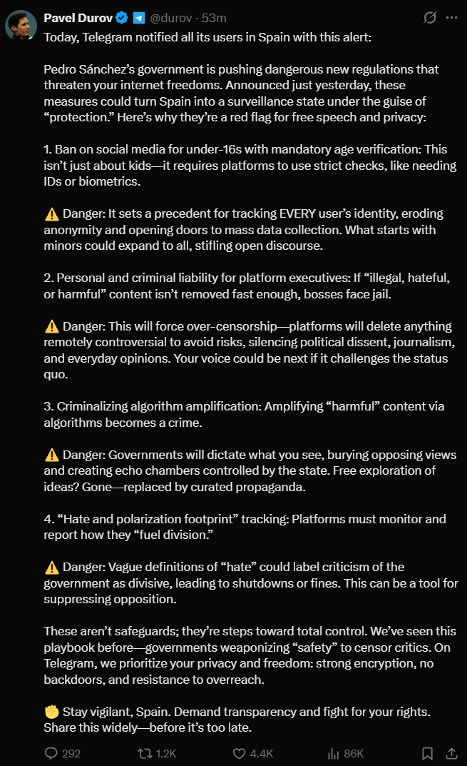 BREAKING: Telegram just issued an alert to all of its users in Spain warning about the Spanish government's surveillance measures and its crackdown on internet privacy and freedom.