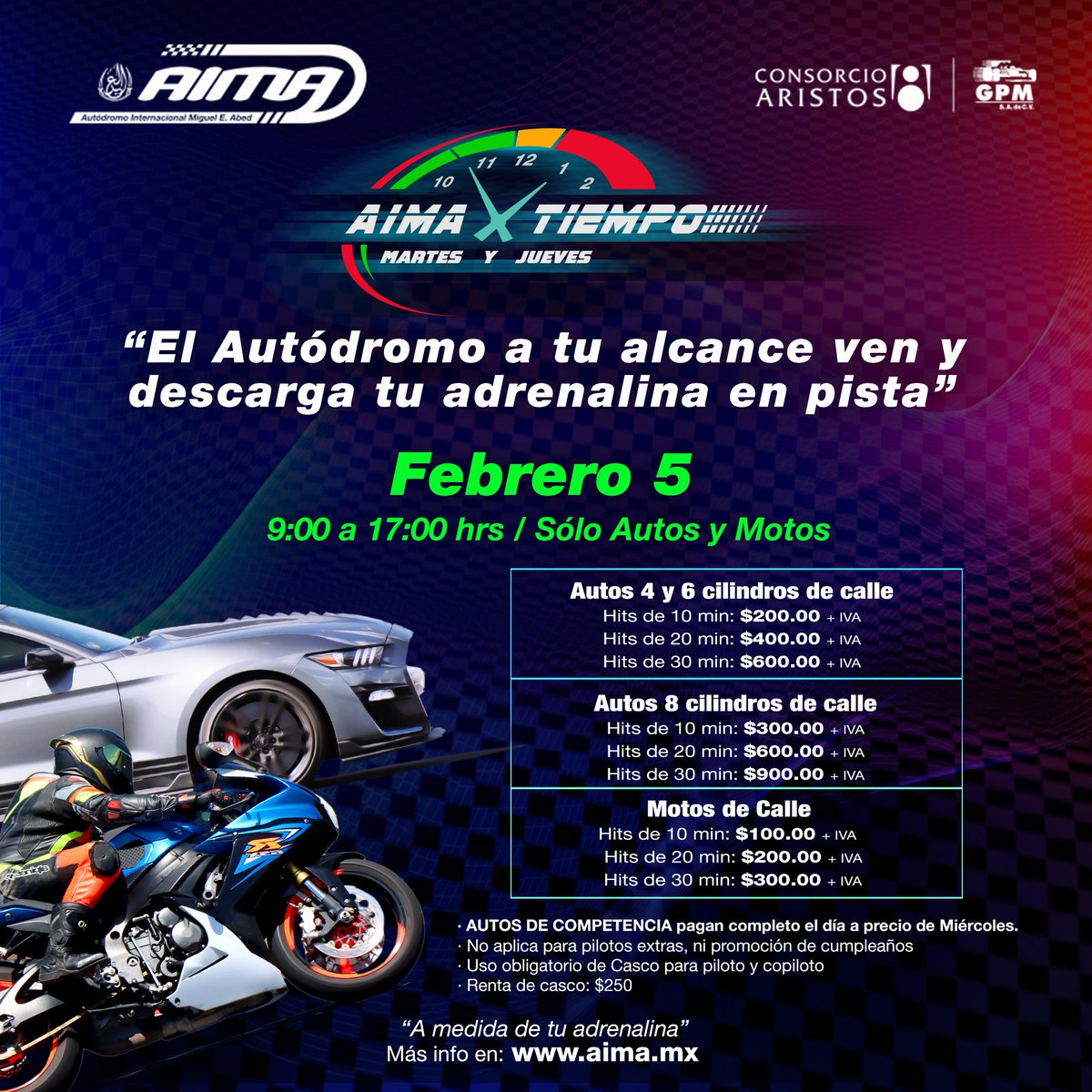 Ven con tu moto o auto y descarga adrenalina, el Autódromo a tu alcance. ¡Te esperamos!

#AIMA #Puebla #Amozoc #Autos y #Motos #AIMAxTiempo #Racing #PistaAbierta