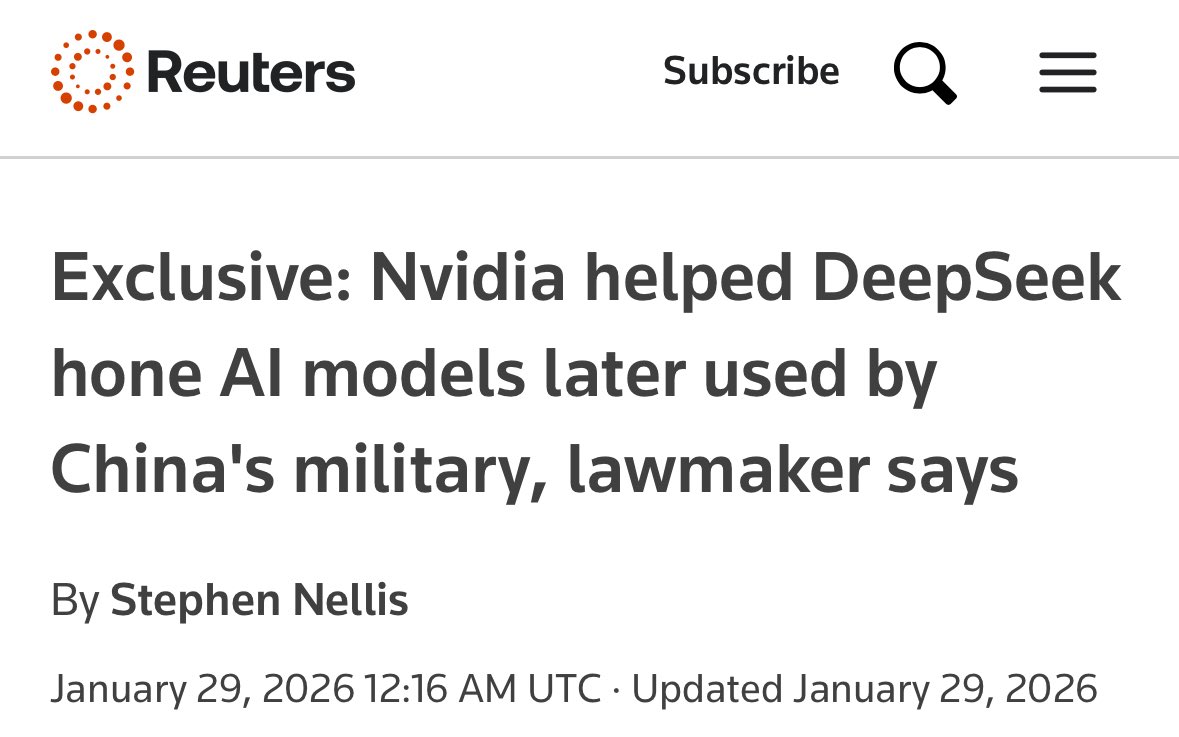BreannaMorello's tweet photo. 🚨CCP ALERT🚨

American semiconductor giant Nvidia allegedly provided extensive technical assistance to Chinese AI firm DeepSeek, according to the U.S. House Select Committee on China.

This support reportedly enabled DeepSeek to significantly improve the training efficiency of its advanced AI models—such as DeepSeek-V3—through optimized co-design of algorithms, frameworks, and hardware, allowing frontier-level performance with far fewer GPU hours than typical U.S. models.

According to the letter, these enhanced AI models were subsequently utilized by China's military (the People's Liberation Army). 

The claims stem from documents the committee obtained from Nvidia, raising fresh U.S. national security concerns about American technology indirectly bolstering Chinese military AI capabilities despite existing export restrictions on advanced chips like the H800.