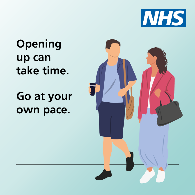 NHSuk's tweet photo. It’s #TimeToTalk Day. 

You don’t need perfect words to talk about your mental health. 

Just a small conversation with someone you trust can make a difference. 

Swipe through for simple ways to start.