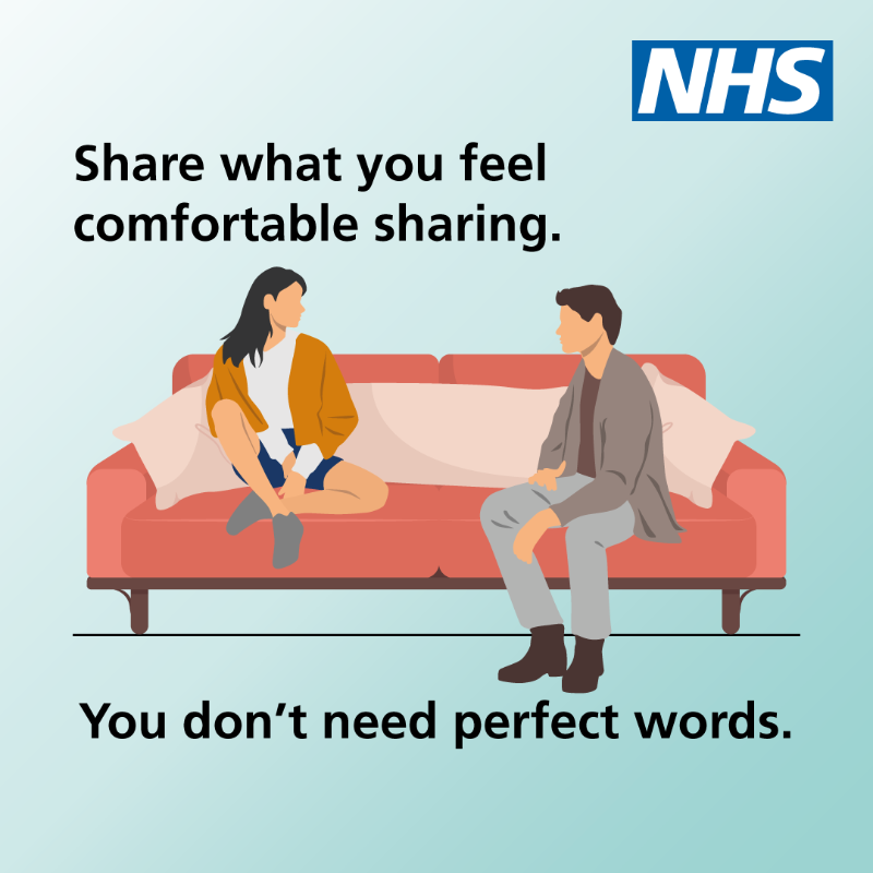 NHSuk's tweet photo. It’s #TimeToTalk Day. 

You don’t need perfect words to talk about your mental health. 

Just a small conversation with someone you trust can make a difference. 

Swipe through for simple ways to start.