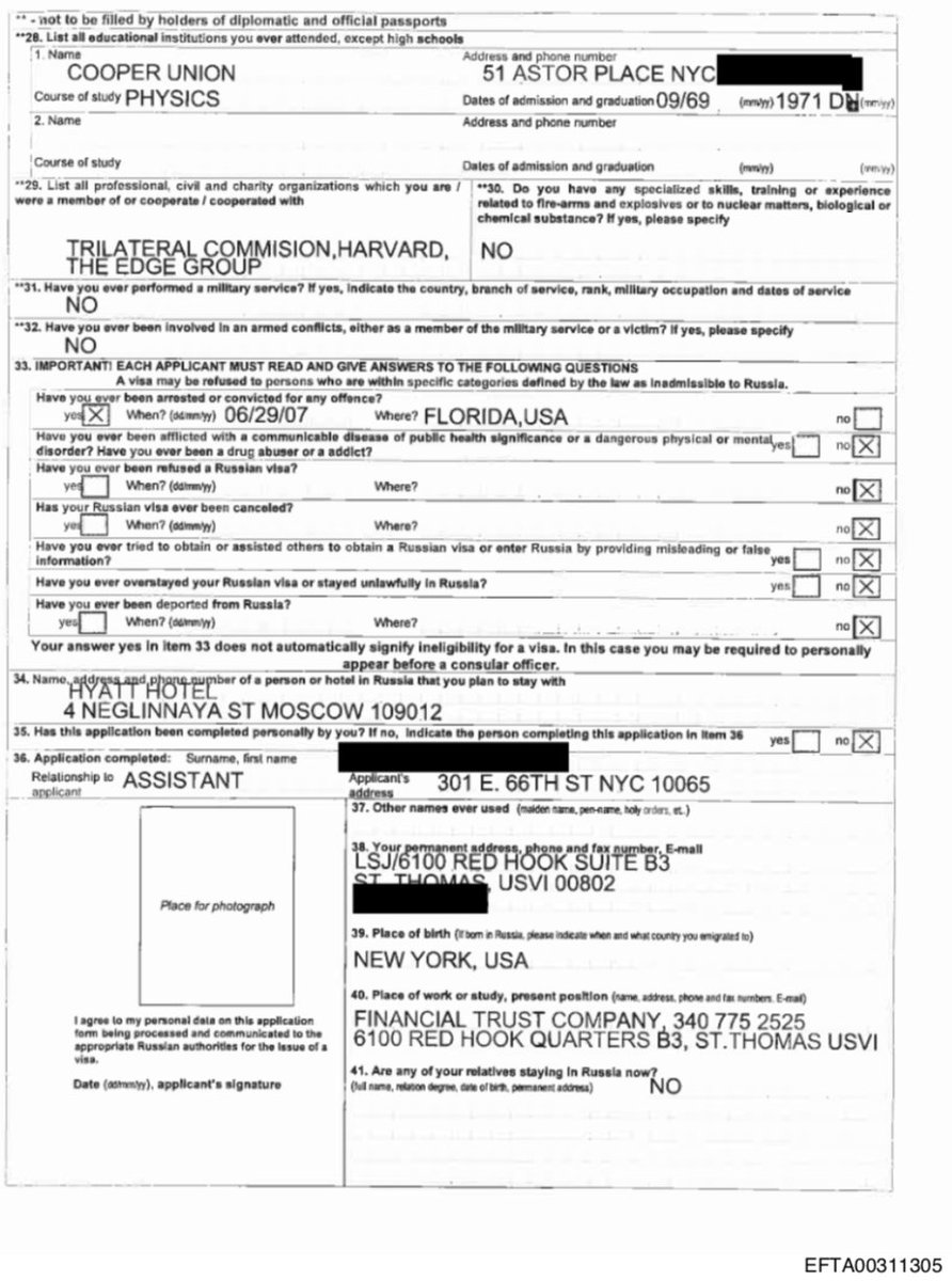 eyepatch_man's tweet image. ‼️ Another Epstein FSB link: in his 2011 Russian visa application (filled out by an assistant), it states he intends to visit МОО ВЫМПЕЛ in Moscow. This is a veterans' organization for special forces of the KGB/FSB unit Vympel (founded in 1981 by KGB Major General Yuri Drozdov).