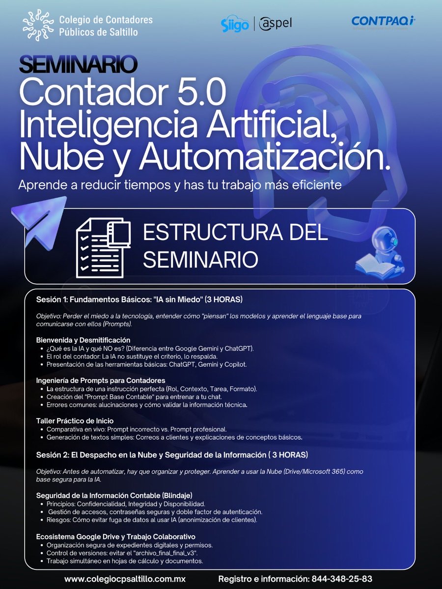 CCP_Saltillo's tweet photo. ¡Has tu trabajo más eficiente con IA! 🤖✨
No es solo tecnología, es tu nueva ventaja competitiva. En el Seminario Contador 5.0, la Dra. Loreny Núñez te enseñará a dominar las herramientas digitales que están redefiniendo el sector contable.
📞 Informes: 844-348-25-83 https://t.co/H2KFYRxGi0