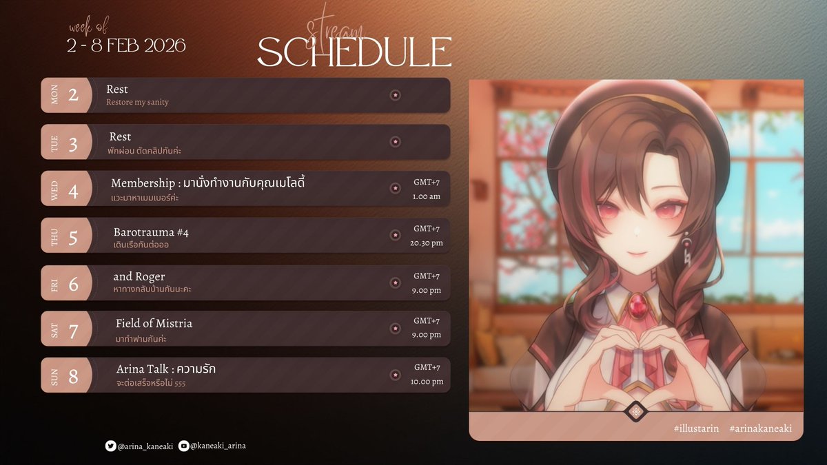 arina_kaneaki's tweet photo. Stream Schedule : 2/2 - 8/2 2026 
ตารางไลฟ์มาแล้วค่าา สัปดาห์นี้ลงเรือดำน้ำต่อและมีเกมใหม่ด้วยนะคะ and Roger !! แล้วก็ทำฟาร์ม กับคุณเรื่องความรักค่า
Hashtags :
✨MAIN - #arinakaneaki 
✨LIVE -  #arinastream
✨Song - #ariosing
✨Art -  #illustarin 
✨Fan - #Arimelody https://t.co/LDxZtRnree
