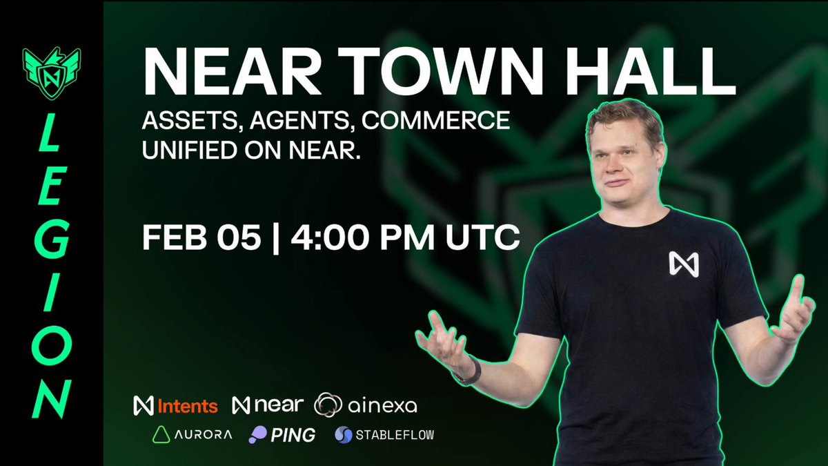 Join us tomorrow for the second NEAR ecosystem Town Hall of 2026!

Hear directly from <a href="/ilblackdragon/">Illia (root.near) (🇺🇦, ⋈)</a>, <a href="/near_intents/">NEAR Intents</a>, <a href="/pingpay_io/">PING</a>, <a href="/auroraisnear/">Aurora</a>, <a href="/klausbrave/">Klaus Brave (❤️,⚡️)</a>, Artem and Citizen House as they share protocol updates, ecosystem intel, and what’s shipping next.

Share your feedback