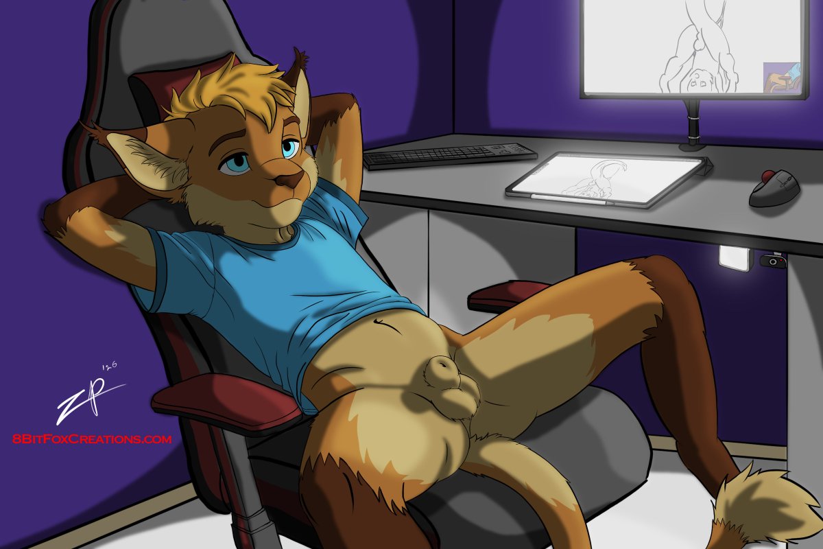 Zeph leans back at his desk mid-stream. #suggestive #lounging #malefurry #teasing #flirtatious #seminude #confidentpose #artstream #digitalartist #characterart
8bitfoxcreations.com