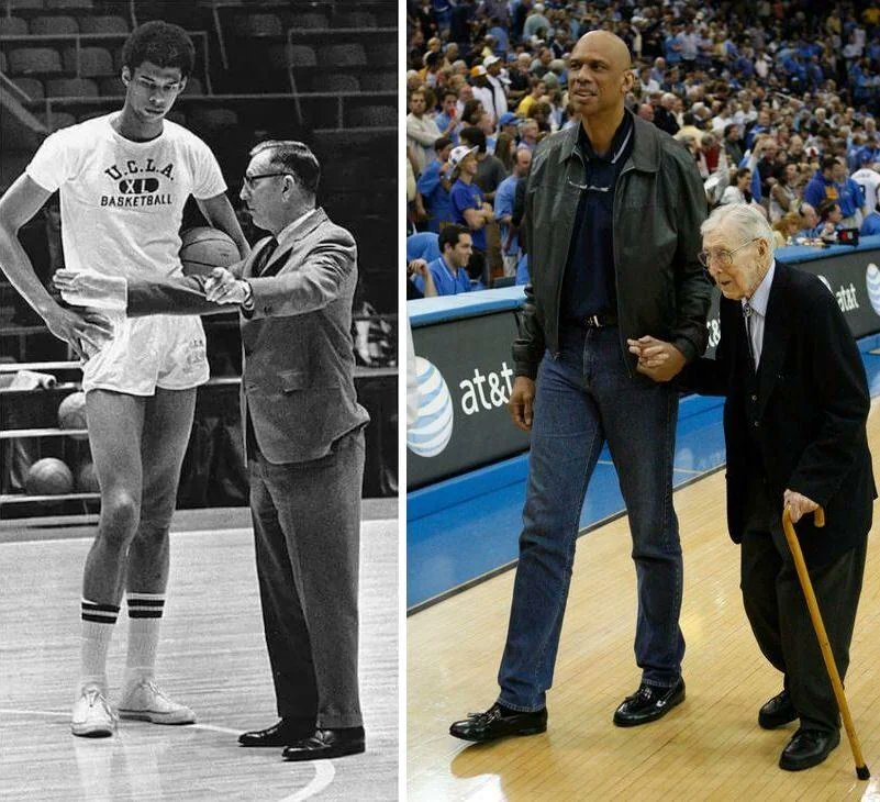Kareem Abdul-Jabbar with John Wooden (1969) and 38 years later