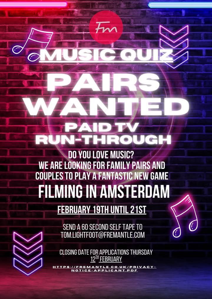 🟡 #BEONSCREEN 🟡

Fremantle Global Entertainment &amp; Talkback Thames are looking for fun duos to take part in a run-through of an exciting new music quiz 🎶

📧 tom.lightfoot@fremantle.com

#casting #tvcasting #musicquiz #gameshow #duos #onset #beonscreen #thecastingcrew