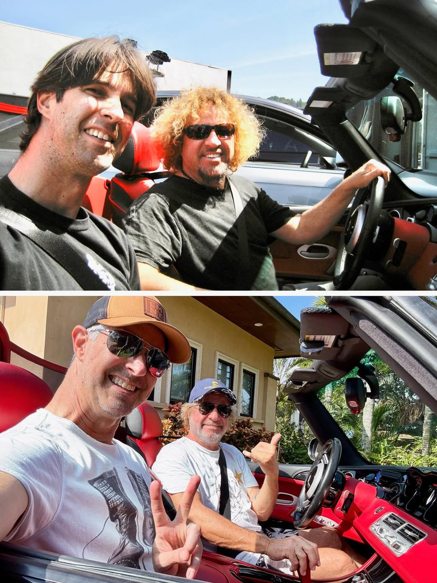 sammyhagar's tweet image. my art director, Todd Gallopo @meatoes in 2007 we were working on a photo shoot for my book #red and album cover #andfriends here is a shot from yesterday in the same car #2026 what do you think we're up to now #alpinaz8 #bmw