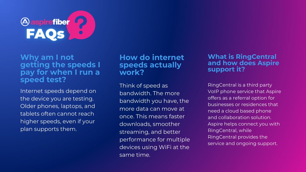 Your Aspire questions, answered. Check out our latest FAQ for helpful info and updates 💬⚡
#AspireFiber #InternetFAQs #FiberInternet #StayConnected #AspireUpdates