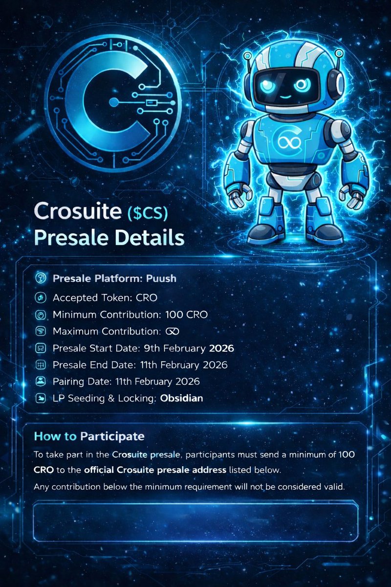 Alright #crofam it official the 🚀 Crosuite ($CS) Presale is coming
🗓 Feb 9 (2PM CST) Feb 11
🌐 Hosted on <a href="/PUUSHDABUTTON/">puush.fun</a>
💰 65k CRO soft cap | 100k CRO hard cap
🔒 LP seeding &amp; locking on <a href="/ObsidianSwap/">ObsidianSwap | SWAP. CLAIM. WIN!!</a> 
📌 Presale link + address go live Feb 9 
📑Tokenomics details below👇👇#cro