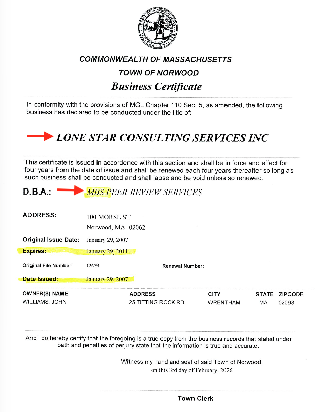 tx_consumer's tweet photo. @MassAttorneyGen: 
Why have “@MES_Solutions” (in Woburn) and “MES Peer Review Services” (in Norwood) been allowed to operate for decades without valid DBA permits under M.G.L. c.110 §5—while issuing legal records to nationwide #insurers to use in #insurance claims? 

Isn't THAT #illegal ? 
Who is enforcing #Massachusetts #law?

 #fraud #insurancefraud @FBIBoston