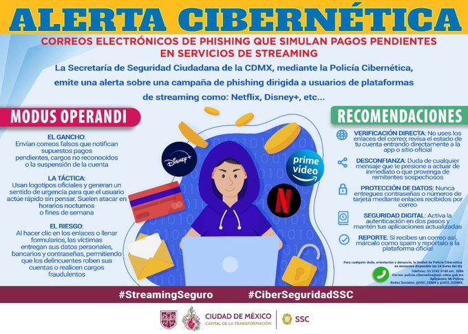 #AlertaCibernética | La #SSC a través de la Unidad de #PolicíaCibernética, alerta sobre correos electrónicos de phishing que simulan pagos pendientes en servicios de streaming.

Fue a través de patrullajes y monitoreo en la red, que los policías de la #SSC observaron que los