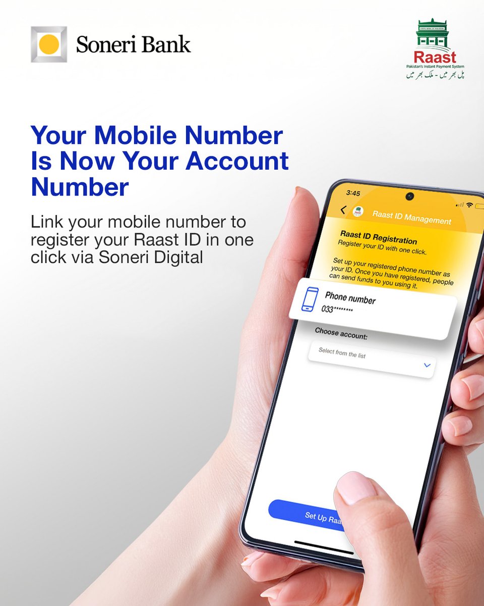 Remembering your account number has never been easier, as your mobile number is your account number now!

Just link your phone number to register your RAAST ID via the Soneri Digital App in one click!

For more details, please visit soneribank.com