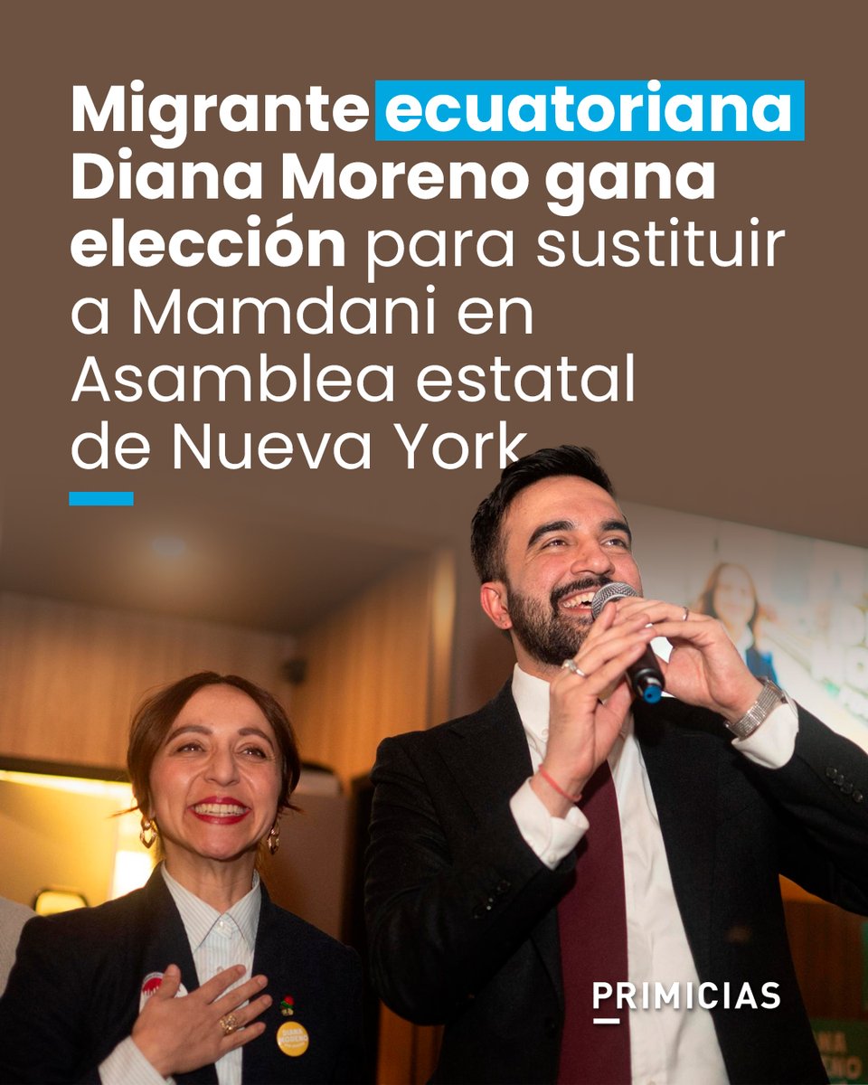 El alcalde Nueva York, Zohran Mamdani, destacó el rol de la ecuatoriana Diana Moreno, quien llenará el asiento que él dejó en la Asamblea estatal. prim.ec/4XXW50Y8ZeV
