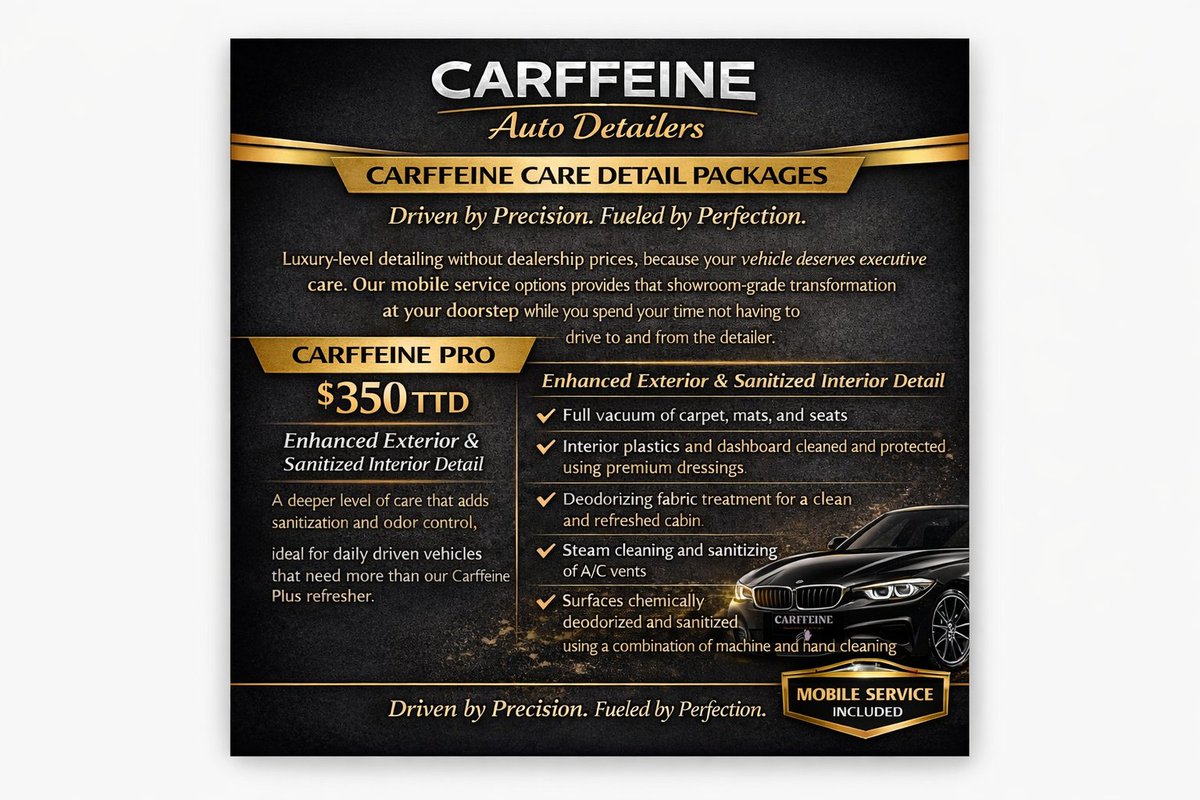 jasonj_tt's tweet photo. If you own a vehicle, check this out!
Don't forget to share it #trinitwitter
#CarffeineAutoDetailers introduces their new mobile Carffeine Care Detail Packages! https://t.co/arrVe0Svew