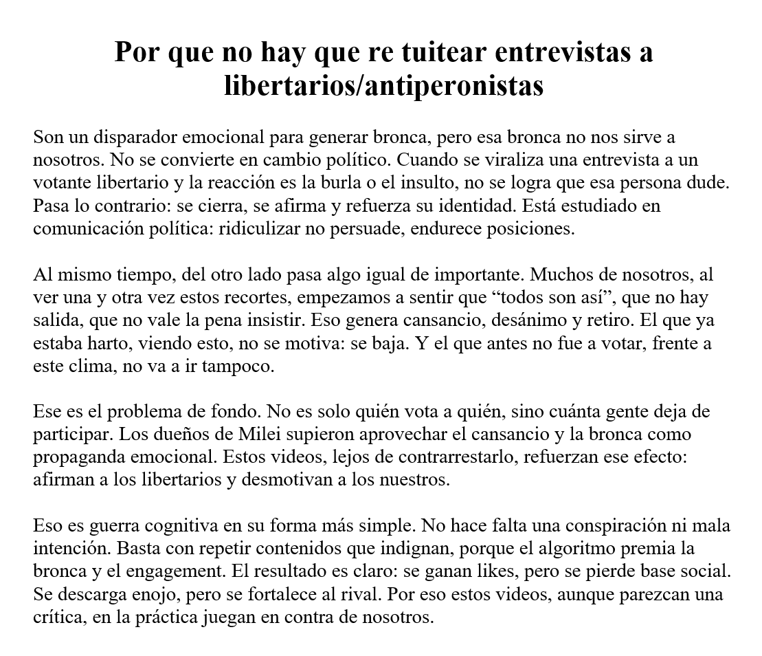 <a href="/eldestapeweb/">El Destape</a> ¿Saben qué dan ganas de hacer cuando escuchás a esta gente? putearlos sin parar… y justo ahí está el problema: estos videos no descargan bronca, fabrican votos libertarios y cansan a los nuestros hasta que dejan de ir a votar.
👇