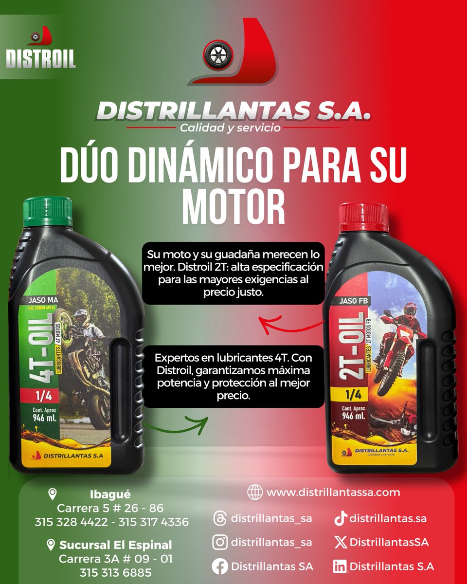 DistrillantasSA's tweet photo. ¡EL DÚO DINÁMICO PARA SU MOTOR! 🏁
En Distrillantas S.A. unimos calidad y servicio para proteger su inversión con lo mejor de Distroil.

2T: Alta especificación para las mayores exigencias.

4T: Máxima potencia y protección al mejor precio.

#distroil #motos #motor #guadaña #2t https://t.co/hNIiHz7yxr