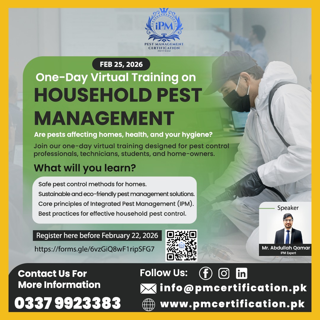 One-Day Virtual Training on Household Pest Management
✔️ Master core principles of Integrated Pest Management (IPM)
✔️ Ideal for professionals, technicians, students &amp; homeowners
📅 Feb 25, 2026 | Online
📍 Register before Feb 22, 2026
📞 0337 9923383
#PestManagement #IPMTraining