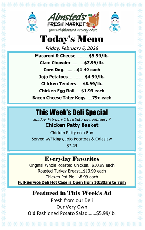 It's Friday! Celebrate with dinner from our deli!

#deli #lunch #dinner #takeout 
#almstedsmarket #almsteds