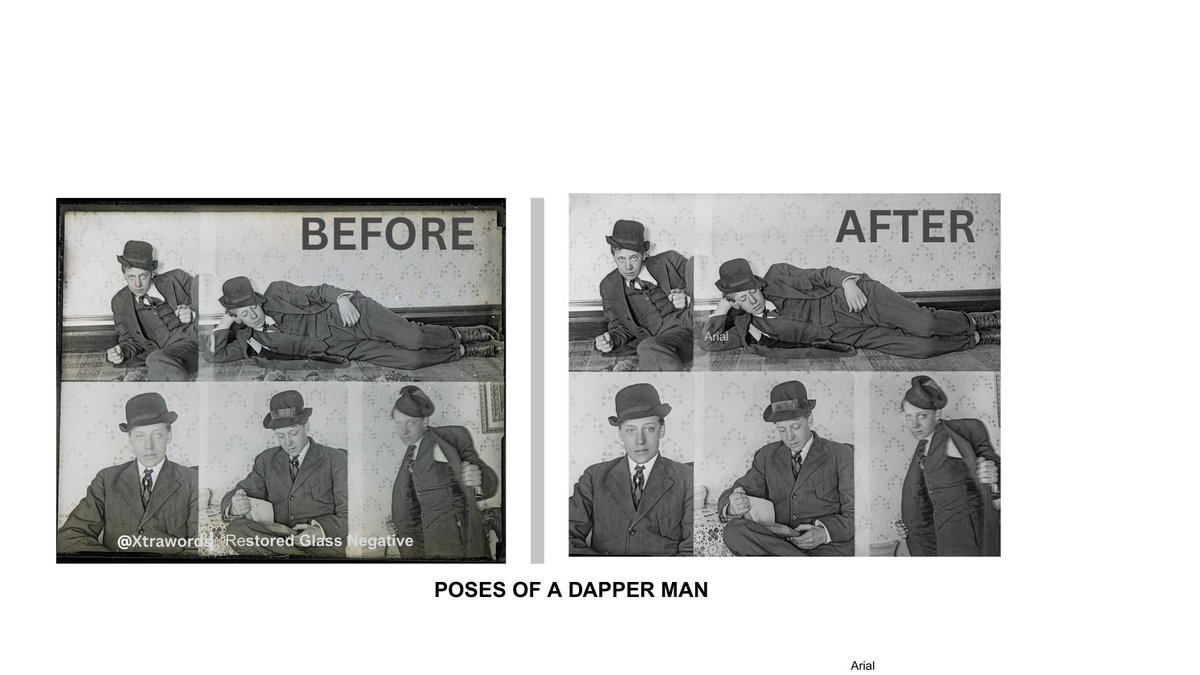 Day 1 of my daily restored (5 x4) negatives! From fuzzy to fantastic. Mystery of the dapper 1900's Edwardian poser - He shifts from: stern, dreamy lounger, reader and cheeky. I think we would call him a player in the 21st century. Available restored at eBay (louiegotframed27.)