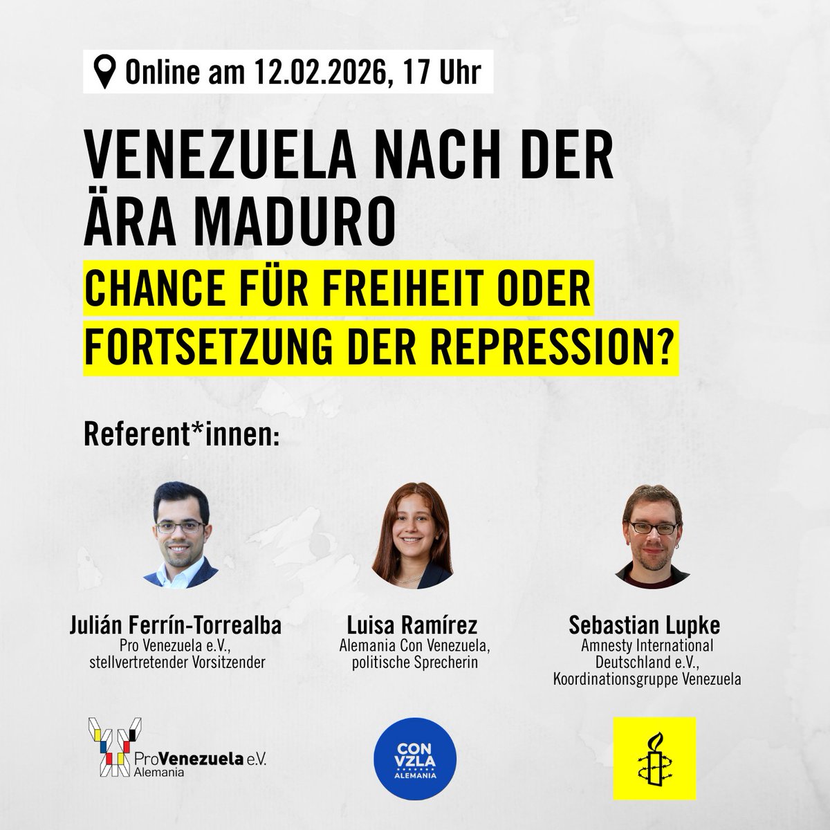 Mit  Vertreter*innen der venezolanischen Diaspora blicken wir auf die menschenrechtliche Lage im #Venezuela der Post-#Maduro-Ära und laden Euch zur Diskussion ein. Wir freuen uns auf Eure Teilnahme!

Anmeldung: us06web.zoom.us/meeting/regist…