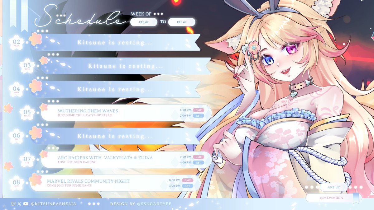 【STREAM SCHEDULE】🦊🌸
Doin a chill wuwa stream on Thursday. We also doin some Arc Raiding on Saturday and more Marvel Wivals on Sunday! Pls look forward to it~ 🩷