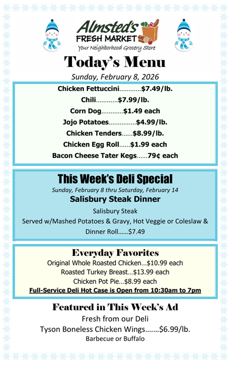 New Deli Special through Saturday, February 14: Salisbury Steak Dinner w/Mashed Potatoes &amp; Gravy, Hot Veggie or Coleslaw &amp; Dinner Roll.

#deli #lunch #dinner #takeout 
#almstedsmarket #almsteds