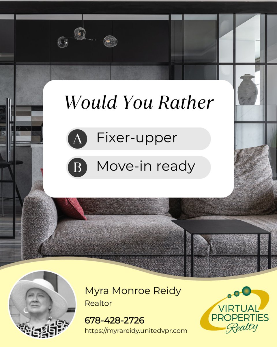 MyraReidy's tweet image. House hunting? Would you rather a fixer-upper to make your own or a move-in ready home? 🏠 Think long-term comfort and cost. Share your choice! 🛠️🔑

#wouldyourather #fixerupper #moveinready