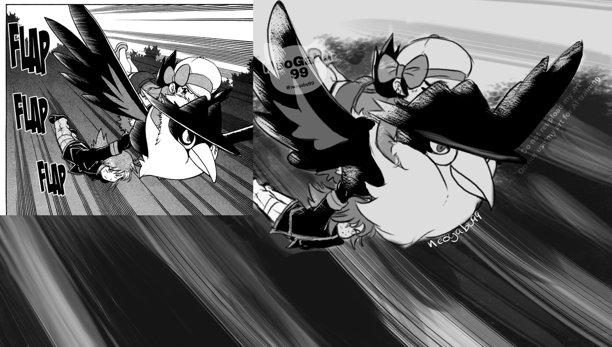 Quise tratar de hacer este panel del manga de pokemon a mi estilo siguiendo un poco lo que el original 
Fue una buena practica, os dejo dibujo y panel del manga uwu

#pokespe #ポケスペ #pokemon
