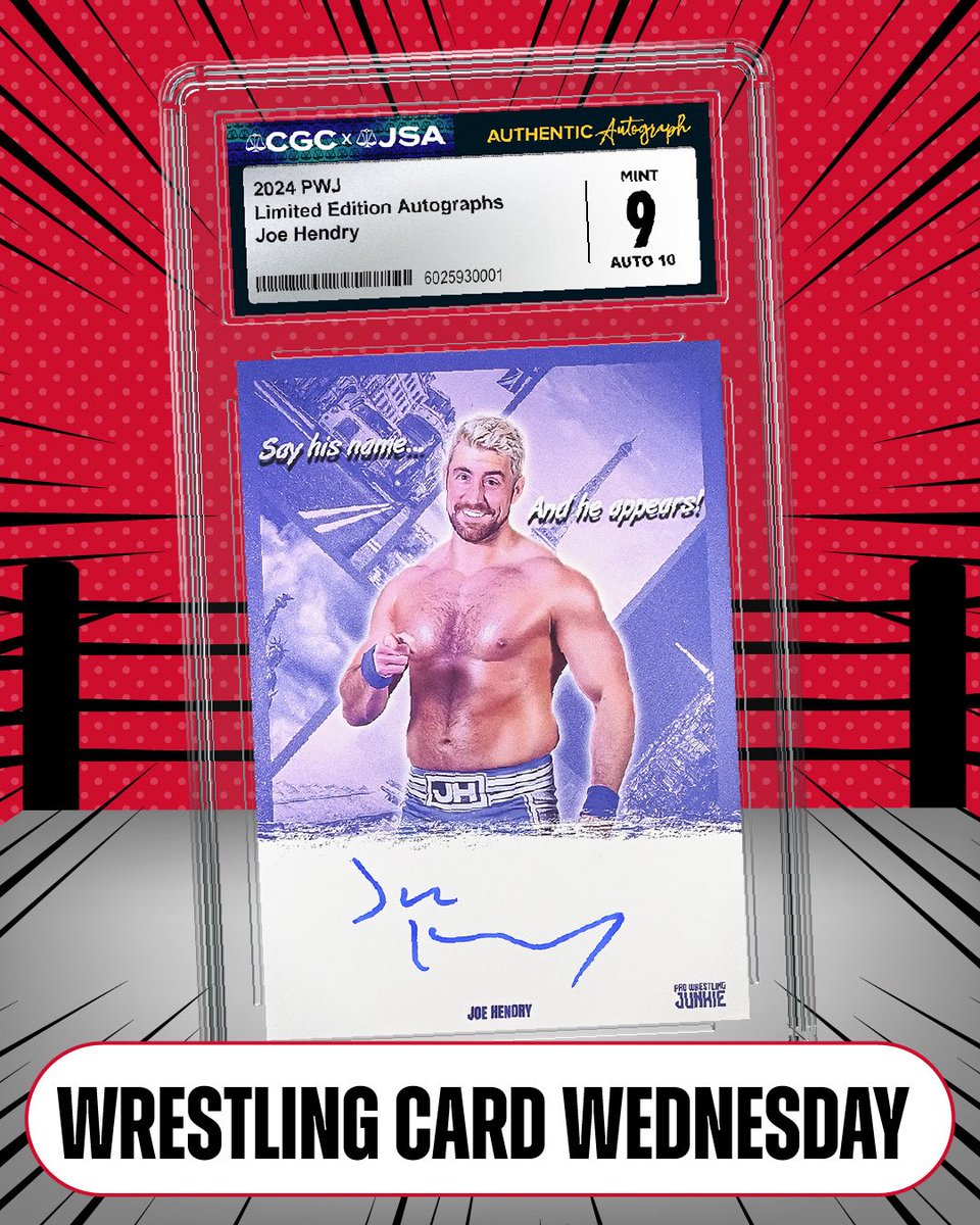 💬 Say his name and he appears! 
In today’s #WrestlingCardWednesday, Joe Hendry is the new NXT Champion after an epic ladder match! 
 
🤩 This CGC x JSA 2024 PWJ Limited Edition Autographs Joe Hendry card is a Top Pop in the CGC Cards Population Report. We believe in this card